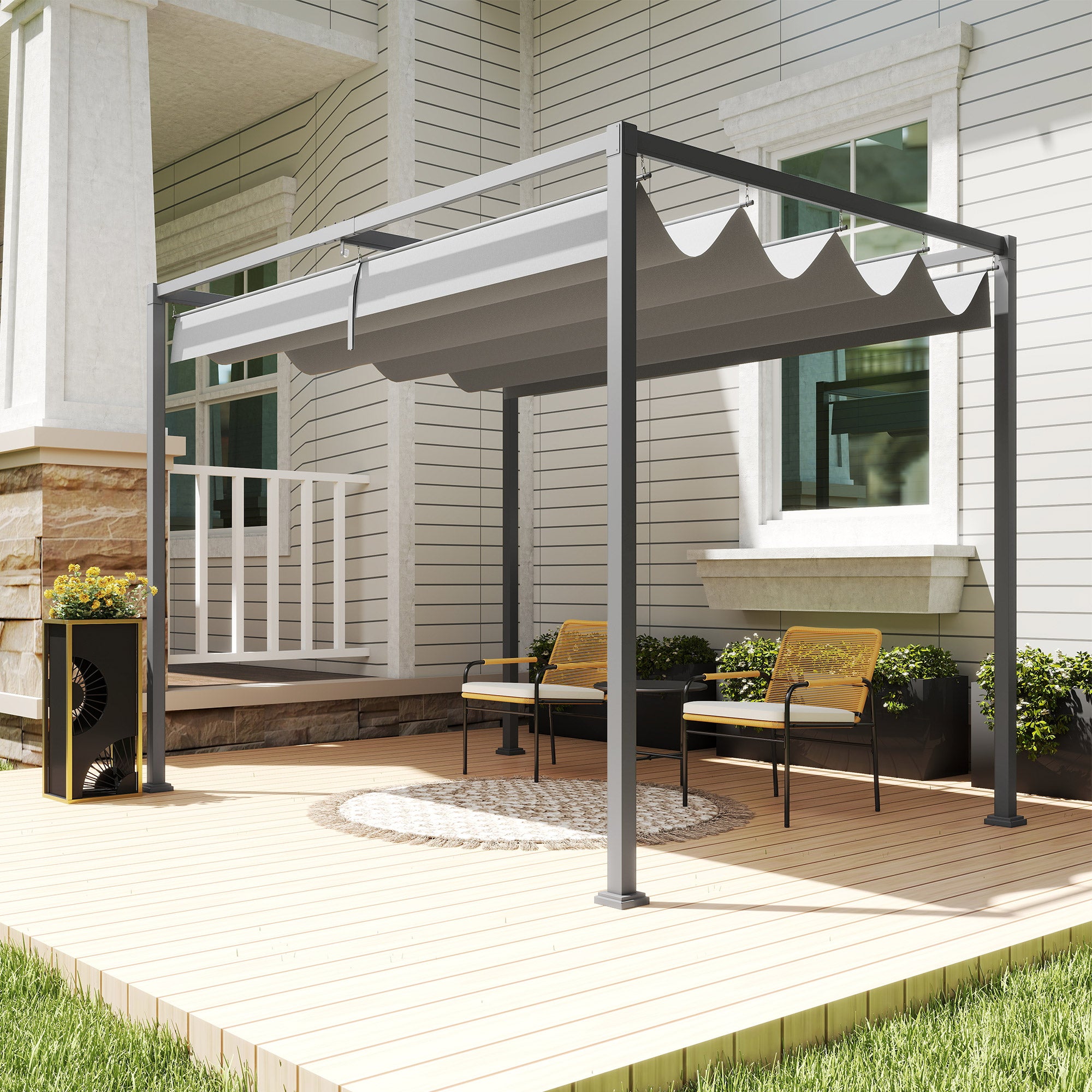 Pergola grise sur terrasse, coin repas