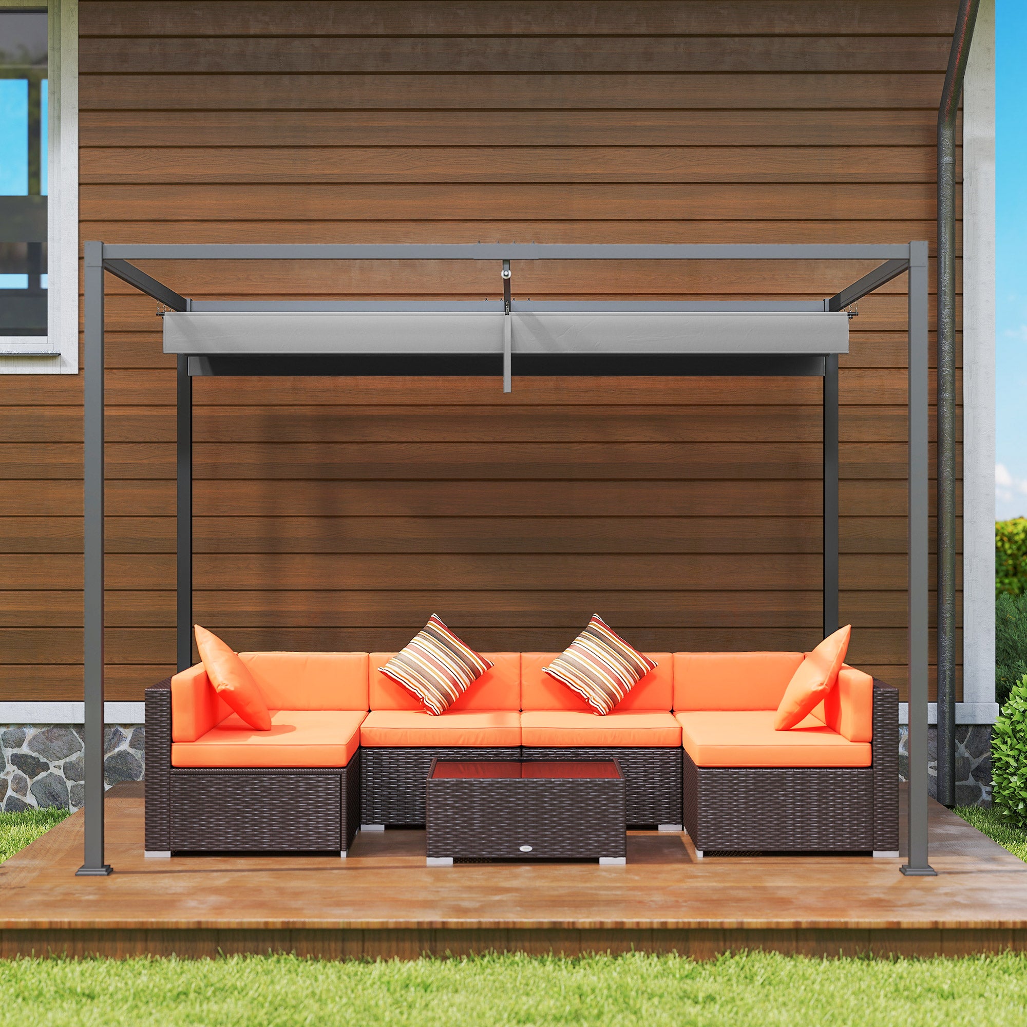 Pergola grise avec salon et coussins orange