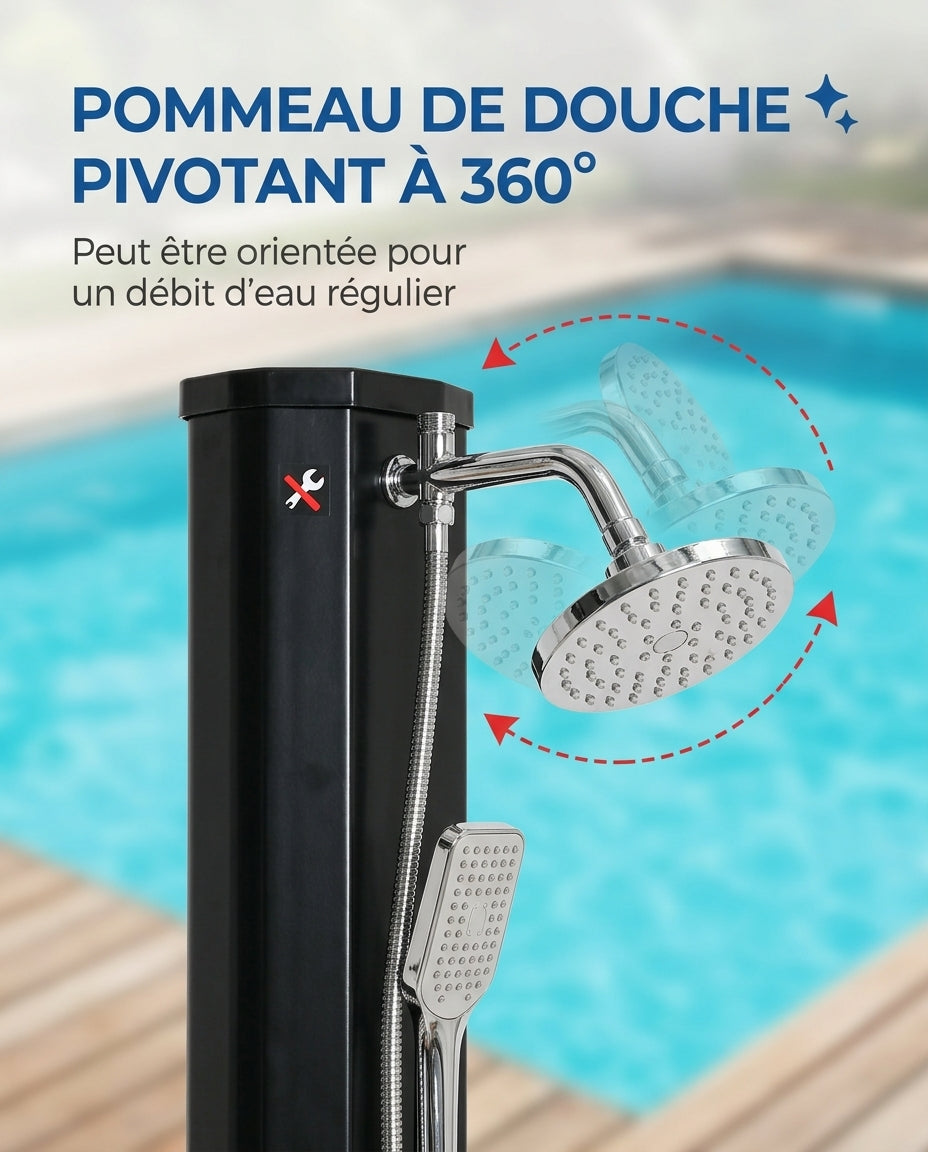 Solarias Douche Solaire 35L Premium – Grand Pommeau, Douchette à Main, Mitigeur — pommeau pivotant 360
