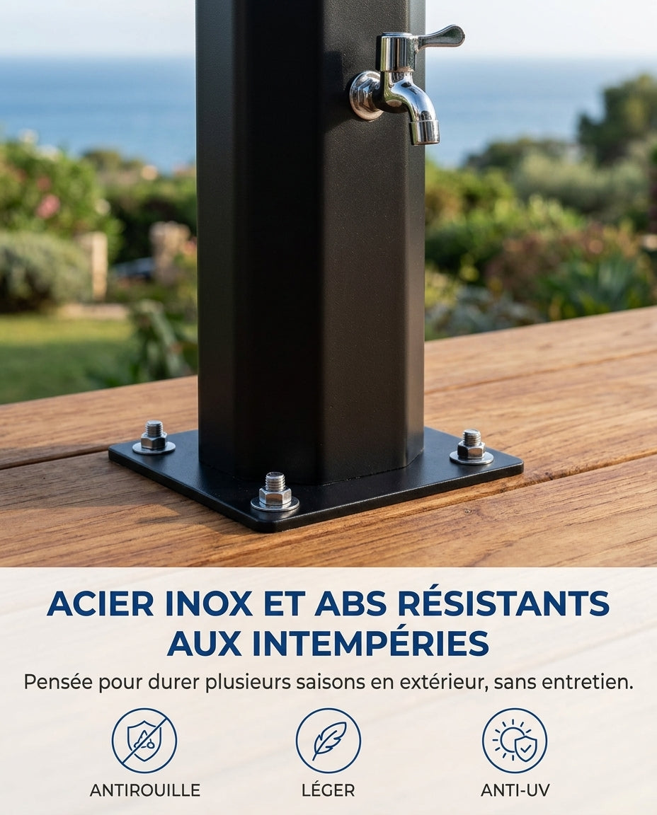 Solarias Douche Solaire 35L Premium – Grand Pommeau, Douchette à Main, Mitigeur — Base carrée + boulons inox — résiste aux intempéries