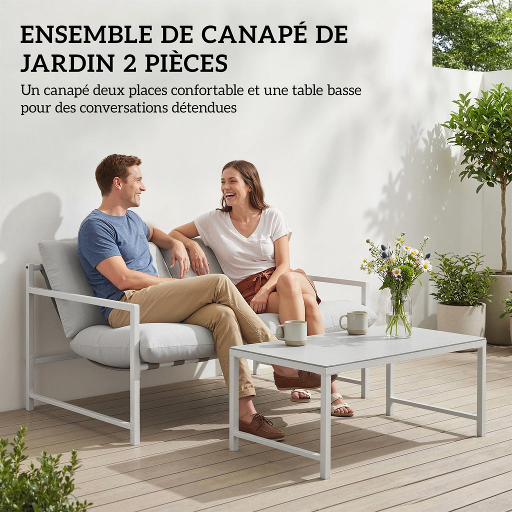 Solarias Salon de Jardin Extérieur 2 Pièces, Canapé avec Coussins, Table Basse en Verre Trempé Marbré 3D, 125x80x64cm, Gris 