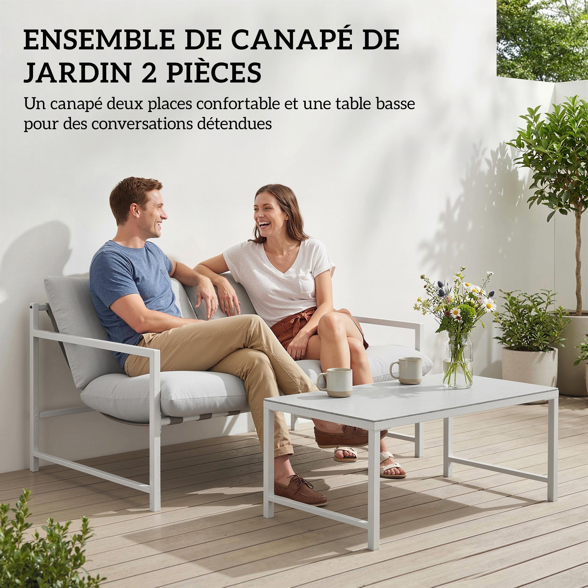 Solarias Salon de Jardin Extérieur 2 Pièces, Canapé avec Coussins, Table Basse en Verre Trempé Marbré 3D, 125x80x64cm, Gris 