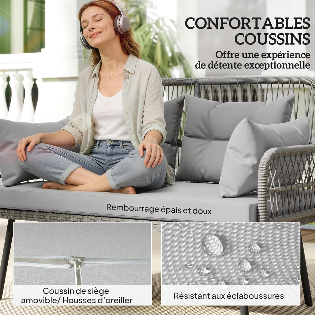 Solarias Canapé de jardin avec coussins et oreillers 2 places en résine tressée, canapé d'extérieur avec accoudoirs gris fon