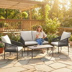 Solarias Ensemble de jardin 4 pièces Polyrattan salon avec canapé 2 places 2 fauteuils table basse coussins amovibles sangle