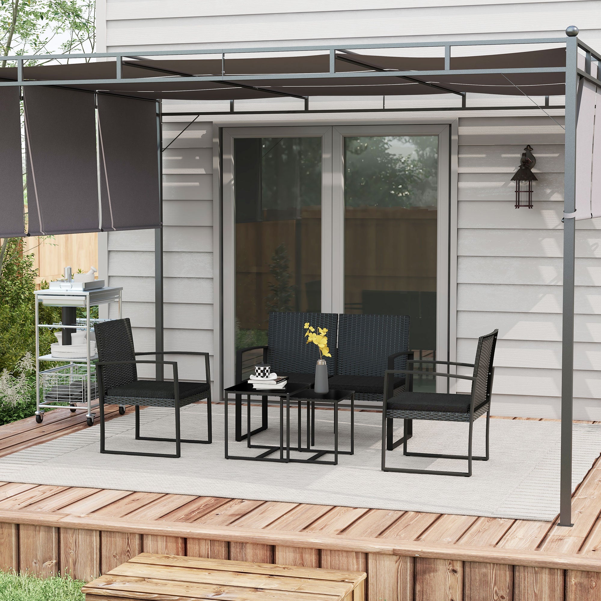 Solarias Ensemble de Jardin avec 2 Chaises, Canapé et 2 Tables avec Coussins et Plateau en Verre, Noir