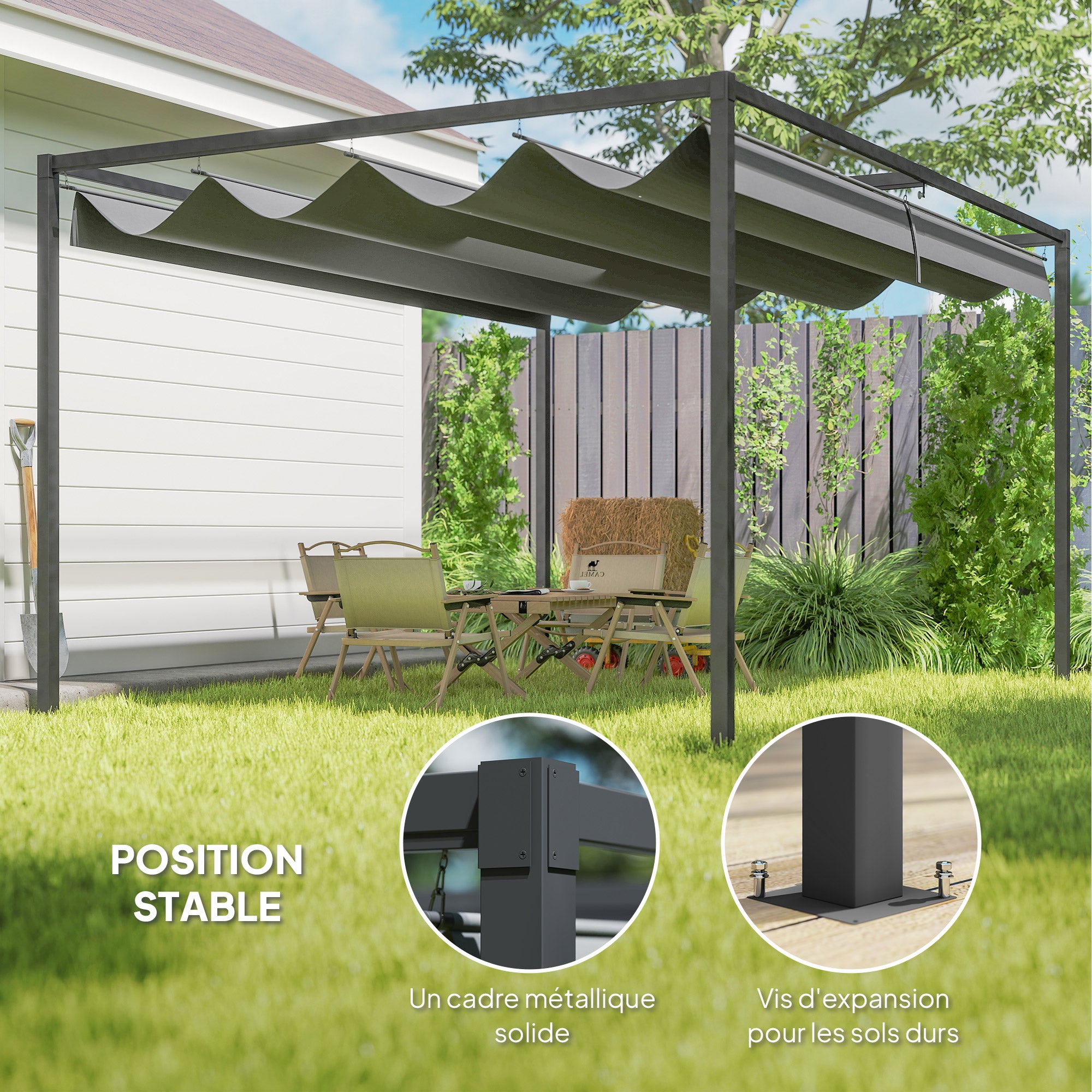 Solarias Pergola coulissante Pergola rétractable 4 x 3 m structure métal époxy anticorrosion toile polyester 180 g/m² gris f