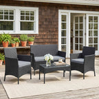 Solarias Salon de jardin extérieur 4 personnes en résine tressée avec canapés et table basse en verre trempé coussins inclus