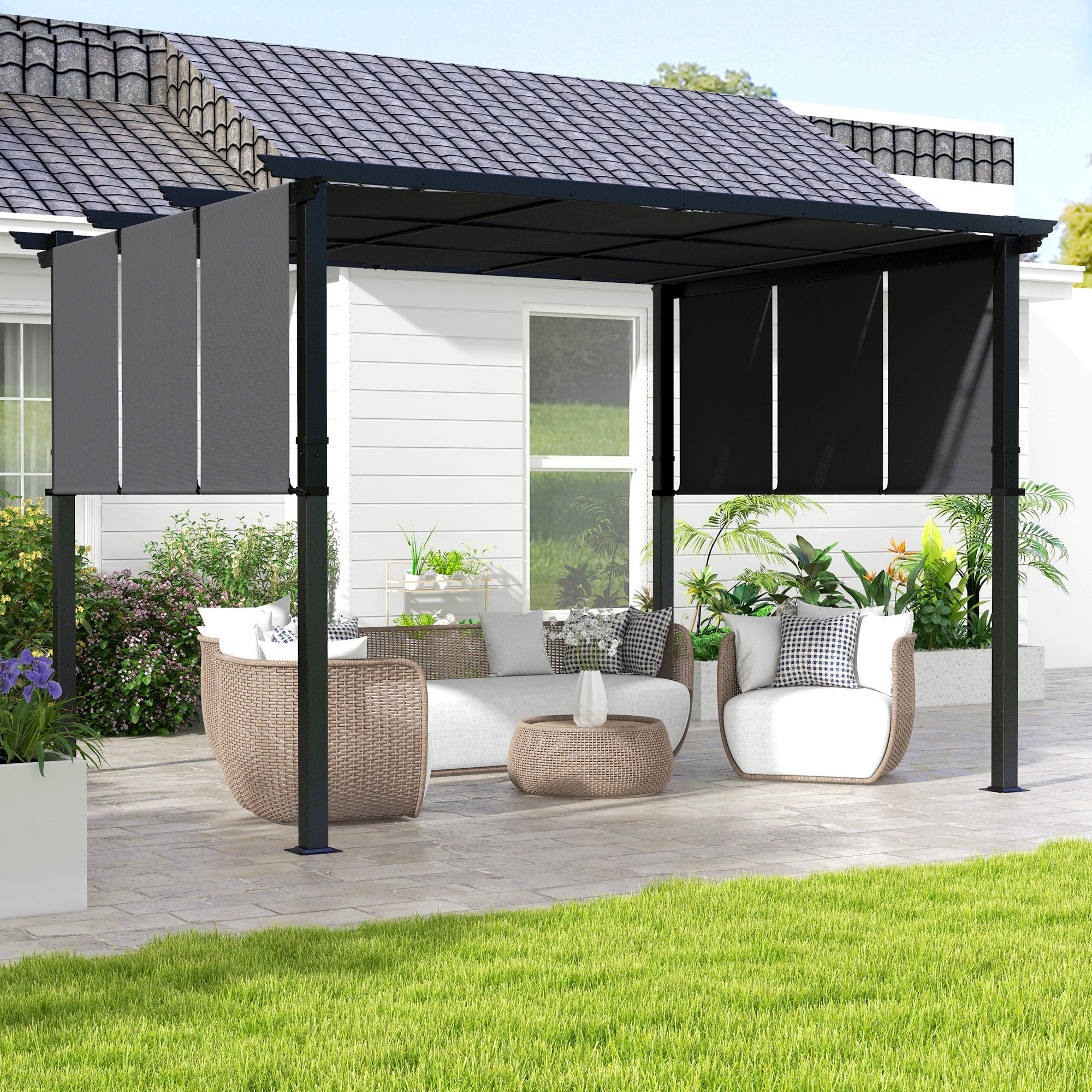 Solarias Pergola avec 3 toiles coulissantes 3,5 x 3 x 2,35 m structure acier noir toile polyester gris foncé