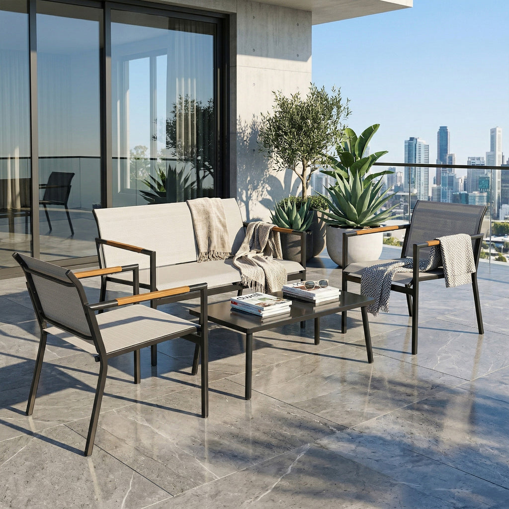 Solarias Salon de Jardin 4 Pièces en Textilène, Canapé, 2 Fauteuils, Table Basse avec Plateau en Métal, 106x70,5x77cm, Crème