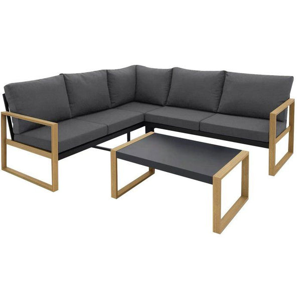 Solarias Salon de jardin d'angle - Aluminium effet bois - PUERTOCOR - 5 personnes + table basse