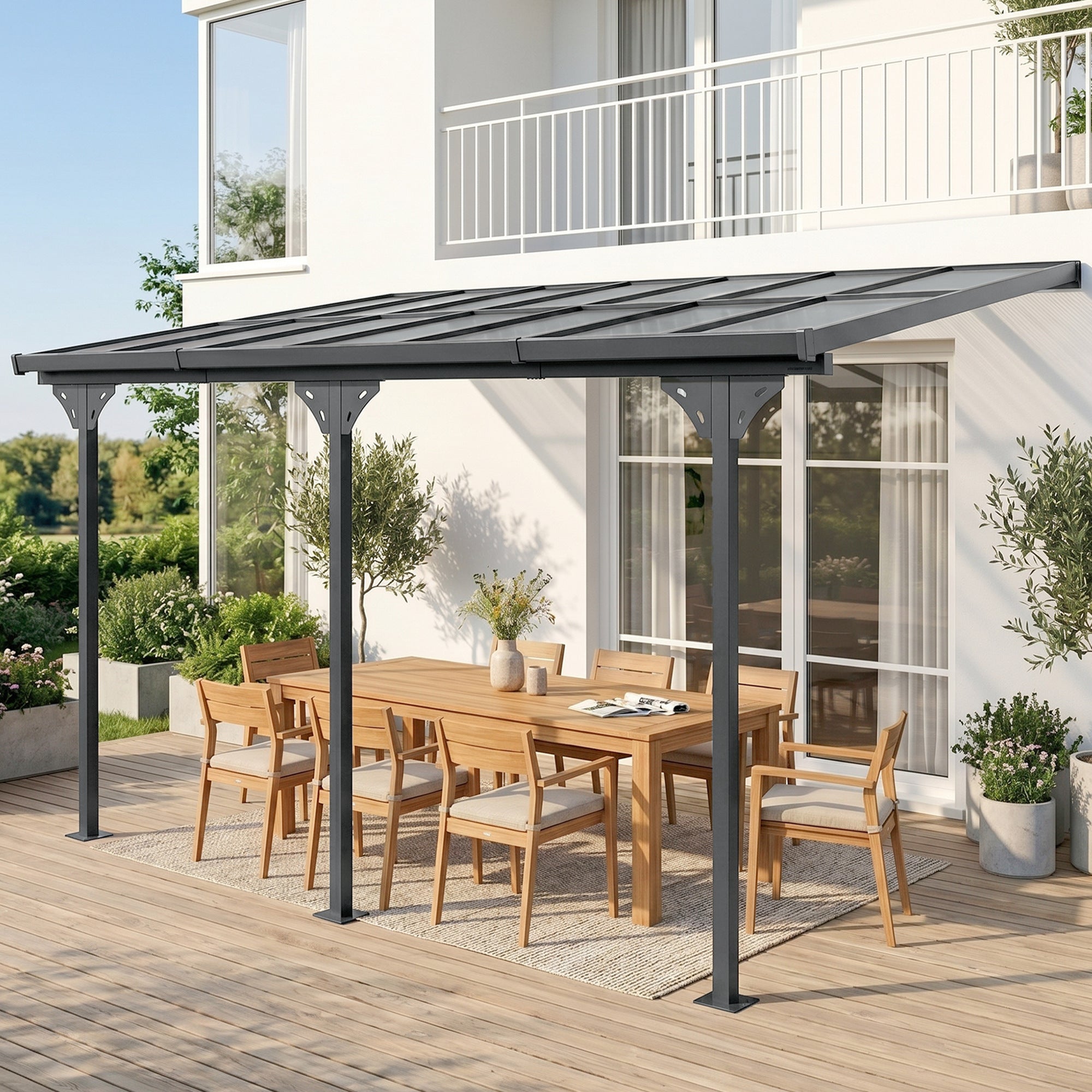 Solarias Pergola adossée aluminium 4,5 x 3 m avec toit en polycarbonate résistant UV, gouttière intégrée, tonnelle de jardin