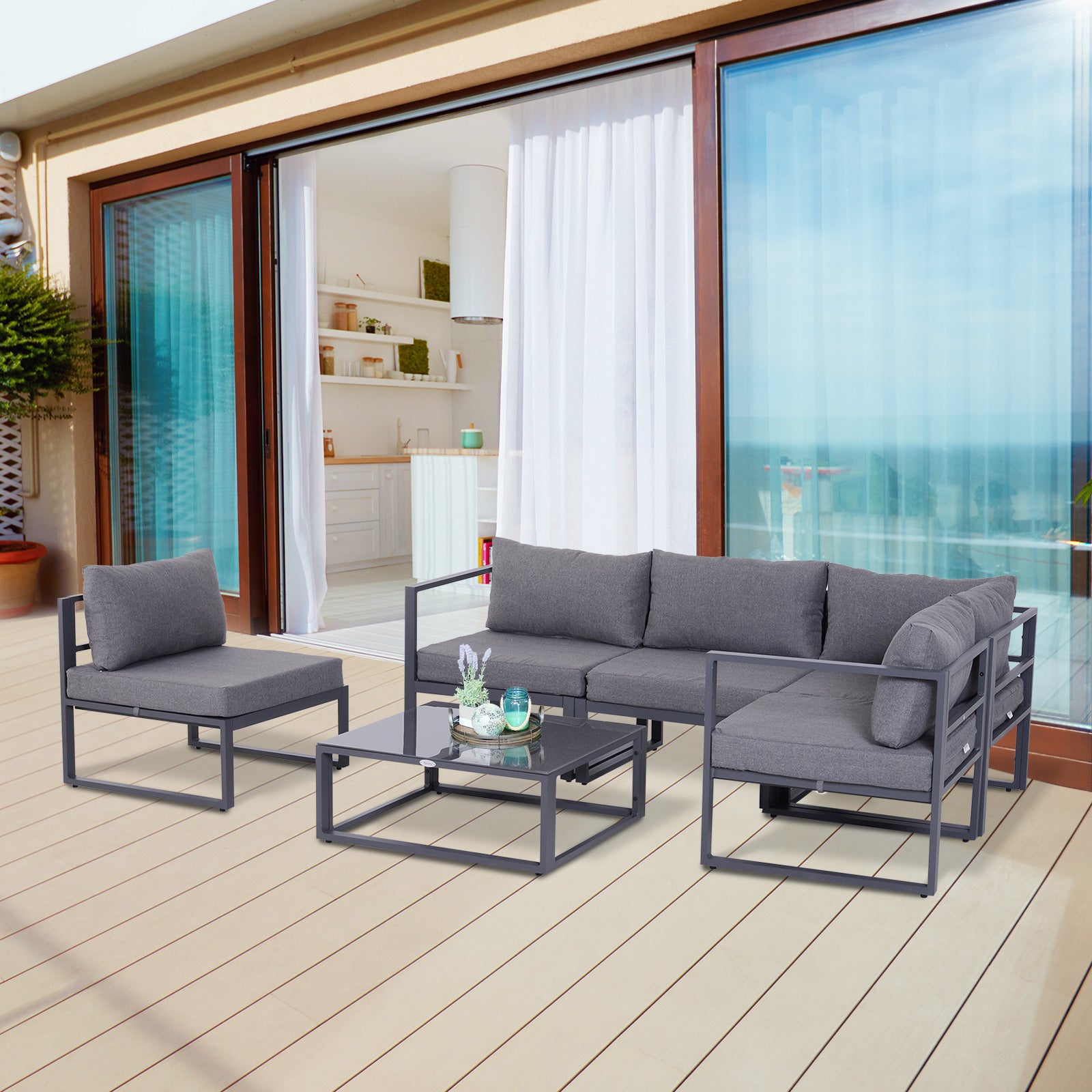 Solarias Ensemble salon de jardin d'angle design contemporain style yachting 5 places modulable avec coussins et table basse