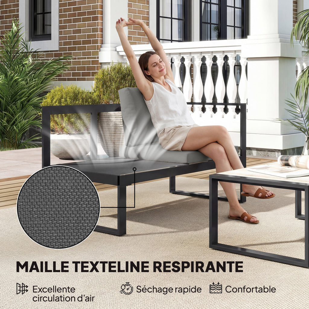 Solarias Salon de Jardin Extérieur d'Angle 5 Personnes avec 2 Canapés, Chaise Sans Accoudoirs, Table Basse, Gris Foncé