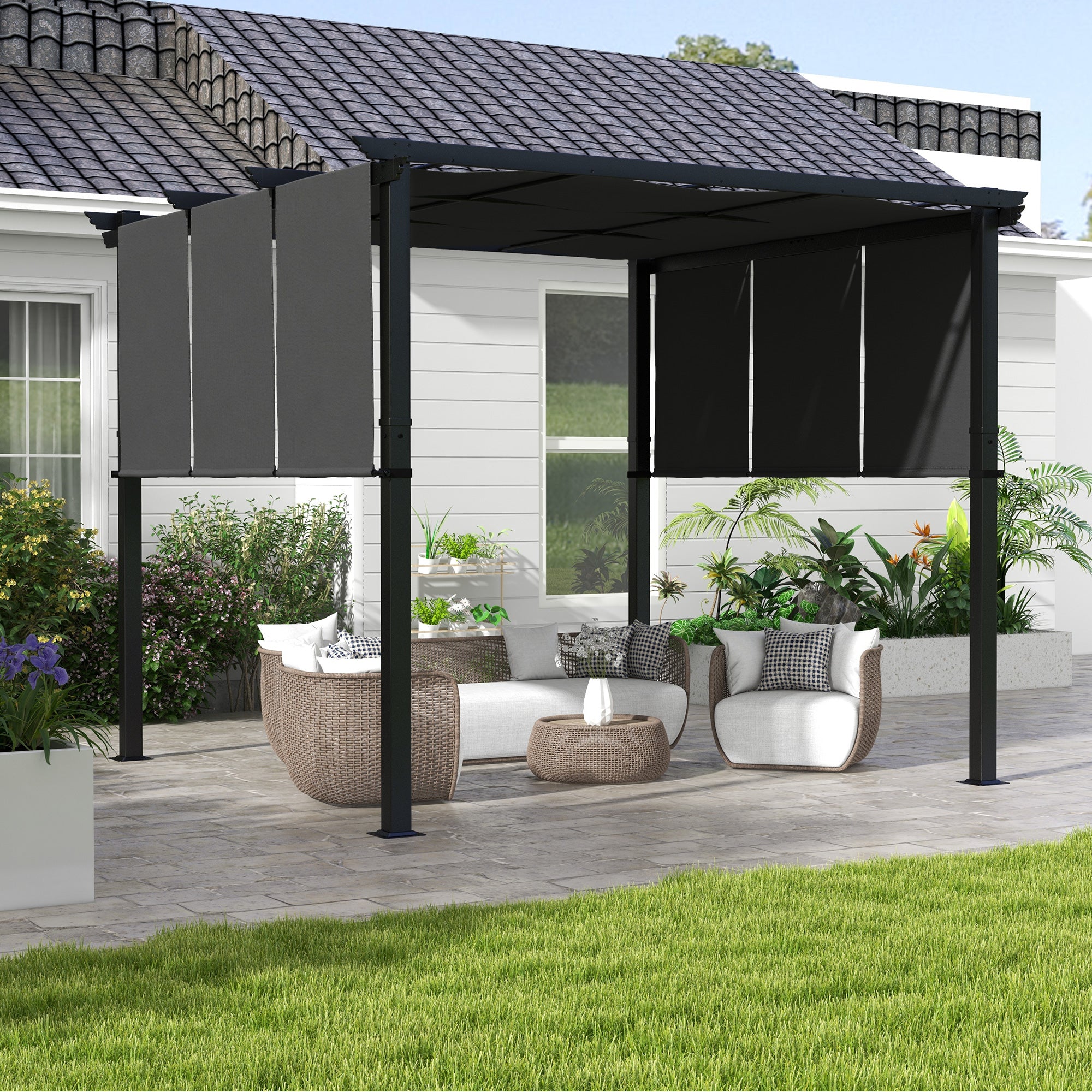 Solarias Pergola avec 3 toiles coulissantes 3L x 3l m structure métal époxy anticorrosion toile polyester gris