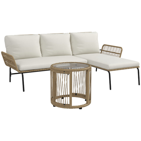 Solarias Salon de jardin extérieur d'angle 3 places en résine tressée avec canapés, chaise longue, table basse et coussi