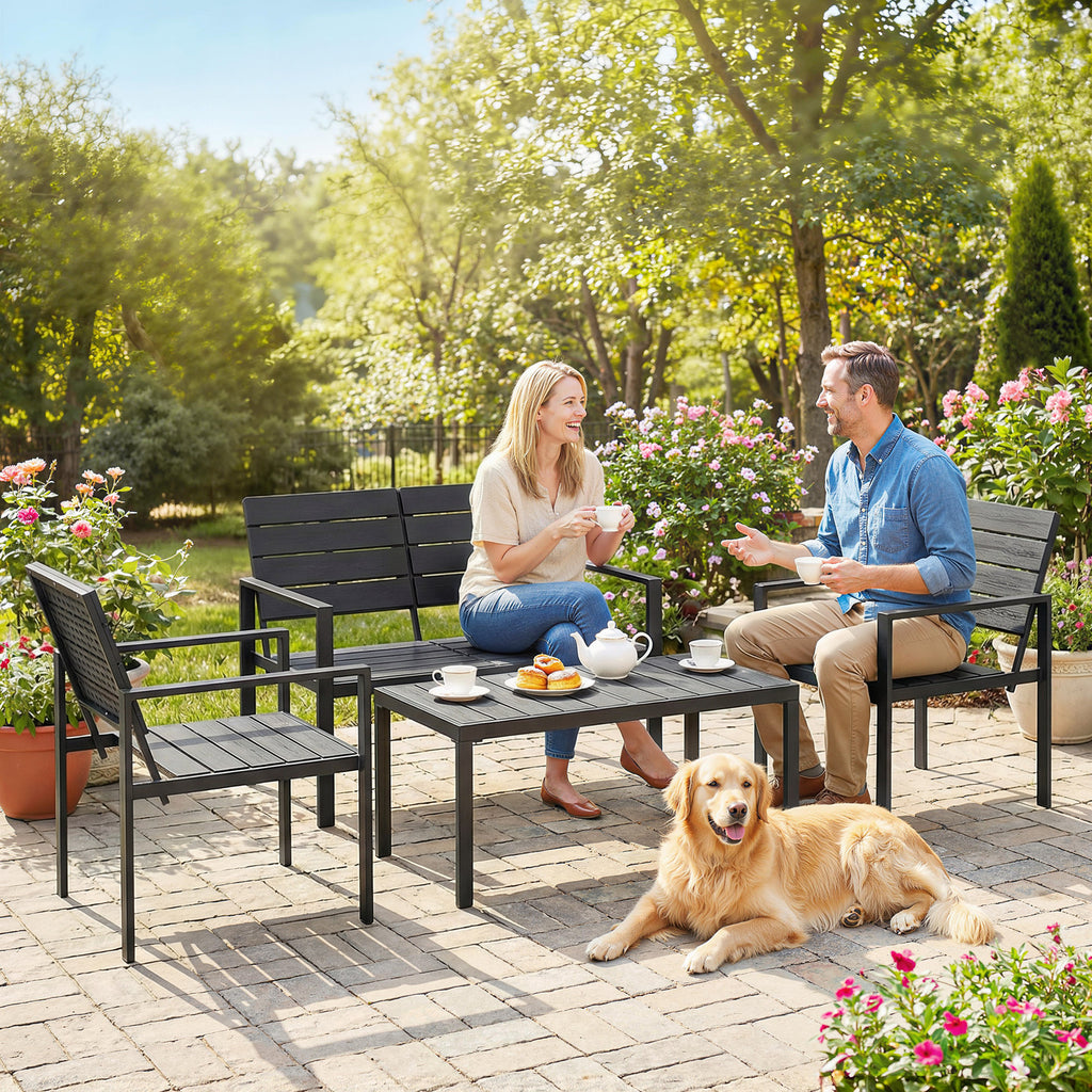 Solarias Salon de jardin extérieur 4 pièces canapé 2 places, 2 chaises et table basse, mobilier de jardin terrasse veranda, 