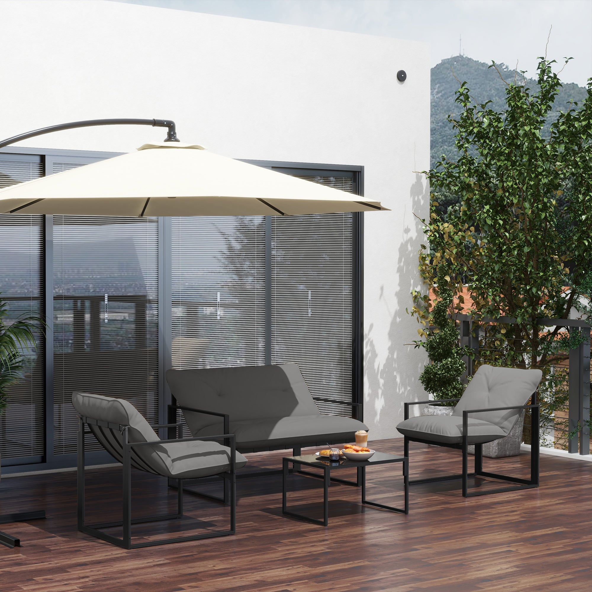 Solarias Salon de jardin 4 pièces 4 personnes avec canapé 2 places, 2 fauteuils et 1 table basse gris