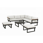 Solarias Salon de jardin d'angle 7 places - Aluminium - ALMARA - Canapé d'angle + 2 tabourets + table - Ecru