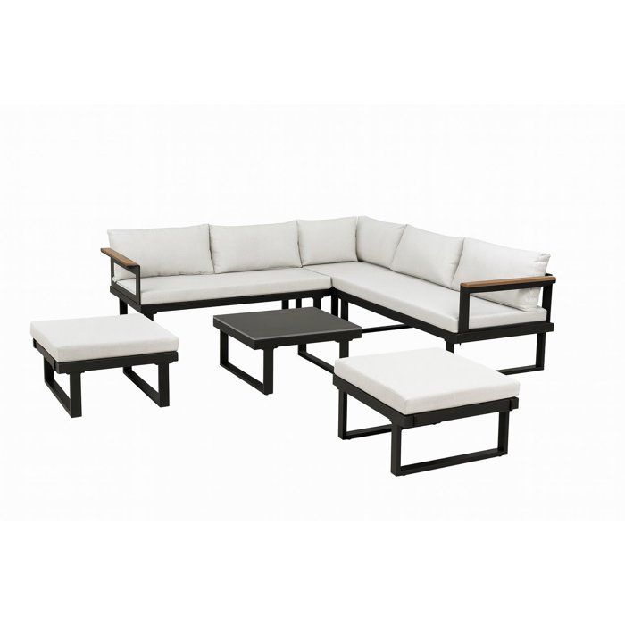 Solarias Salon de jardin d'angle 7 places - Aluminium - ALMARA - Canapé d'angle + 2 tabourets + table - Ecru