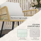 Solarias Ensemble salon de jardin 4 pièces canapé 2 places 2 fauteuils avec 7 coussins 1 table basse ronde, résine tressée