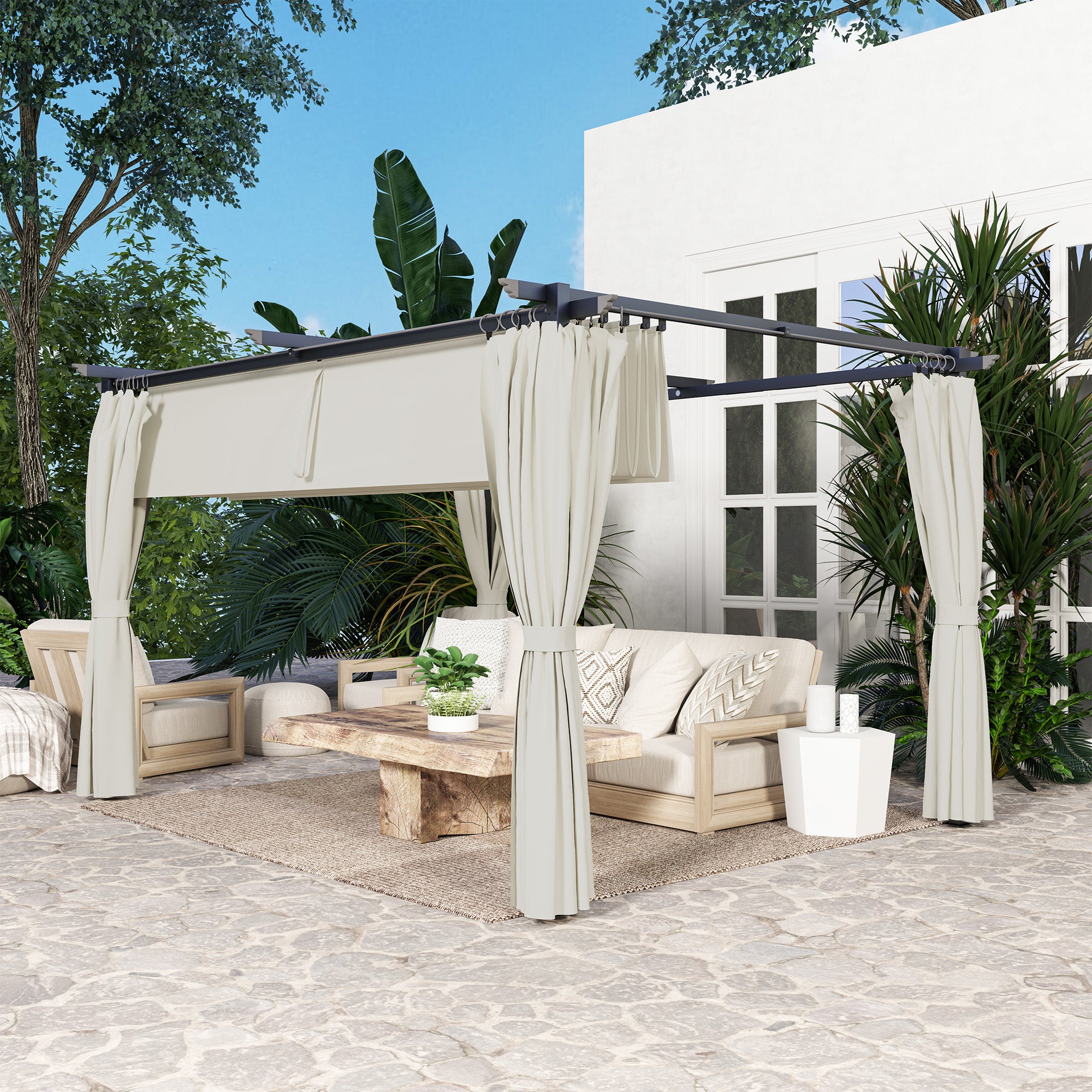 Solarias Pergola 3 x 3 m avec Auvent Rétractable et Rideaux, Abri de Soleil UPF30+ pour Jardin, Terrasse, Extérieur