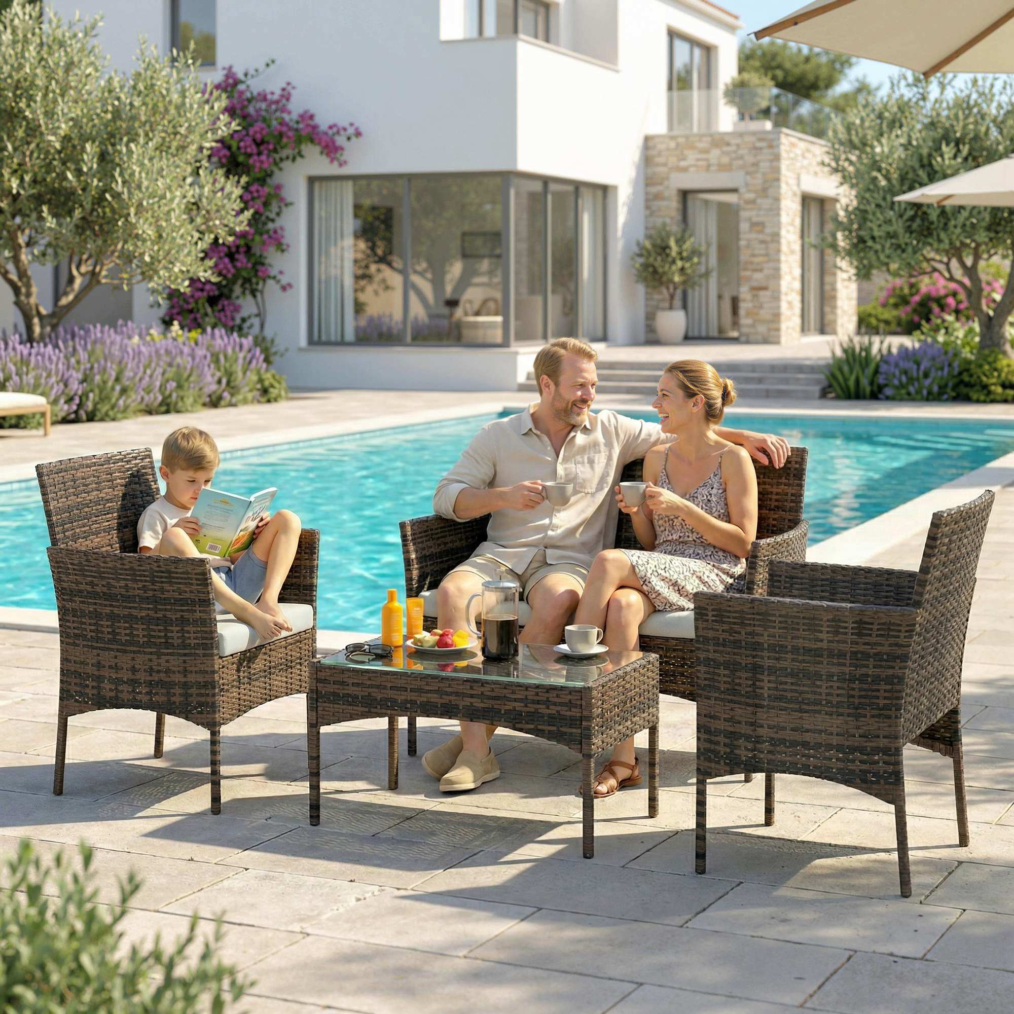 Solarias Salon de jardin extérieur 4 personnes en résine tressée avec canapés et table basse en verre trempé coussins inclus