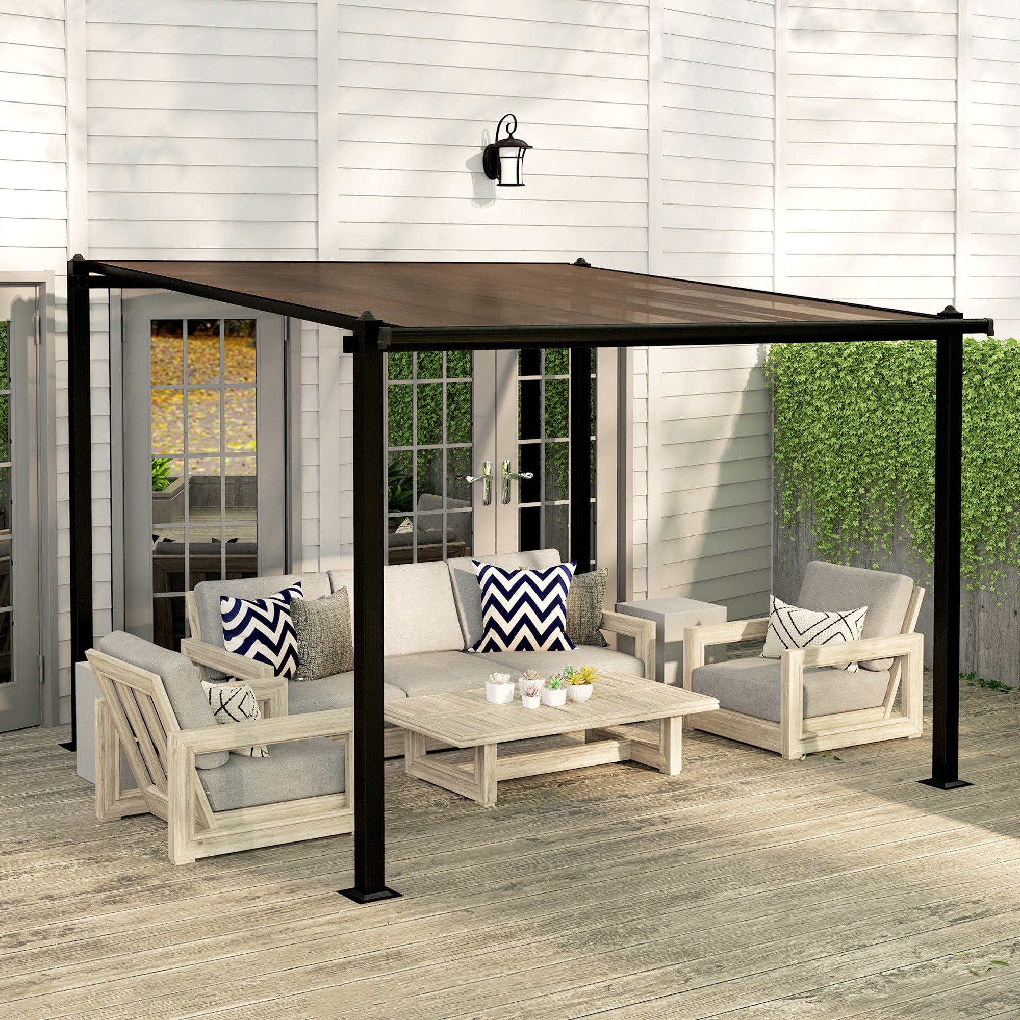 Solarias Pergola jardin extérieur en aluminium 3 x 3 m avec toit en polycarbonate imperméable et système de drainage, gris