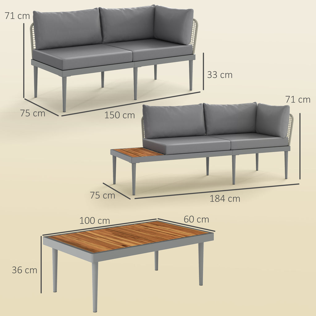 Solarias Salon de jardin extérieur 4 places modulable en bois d'acacia, canapé d'angle extérieur avec table basse et coussin