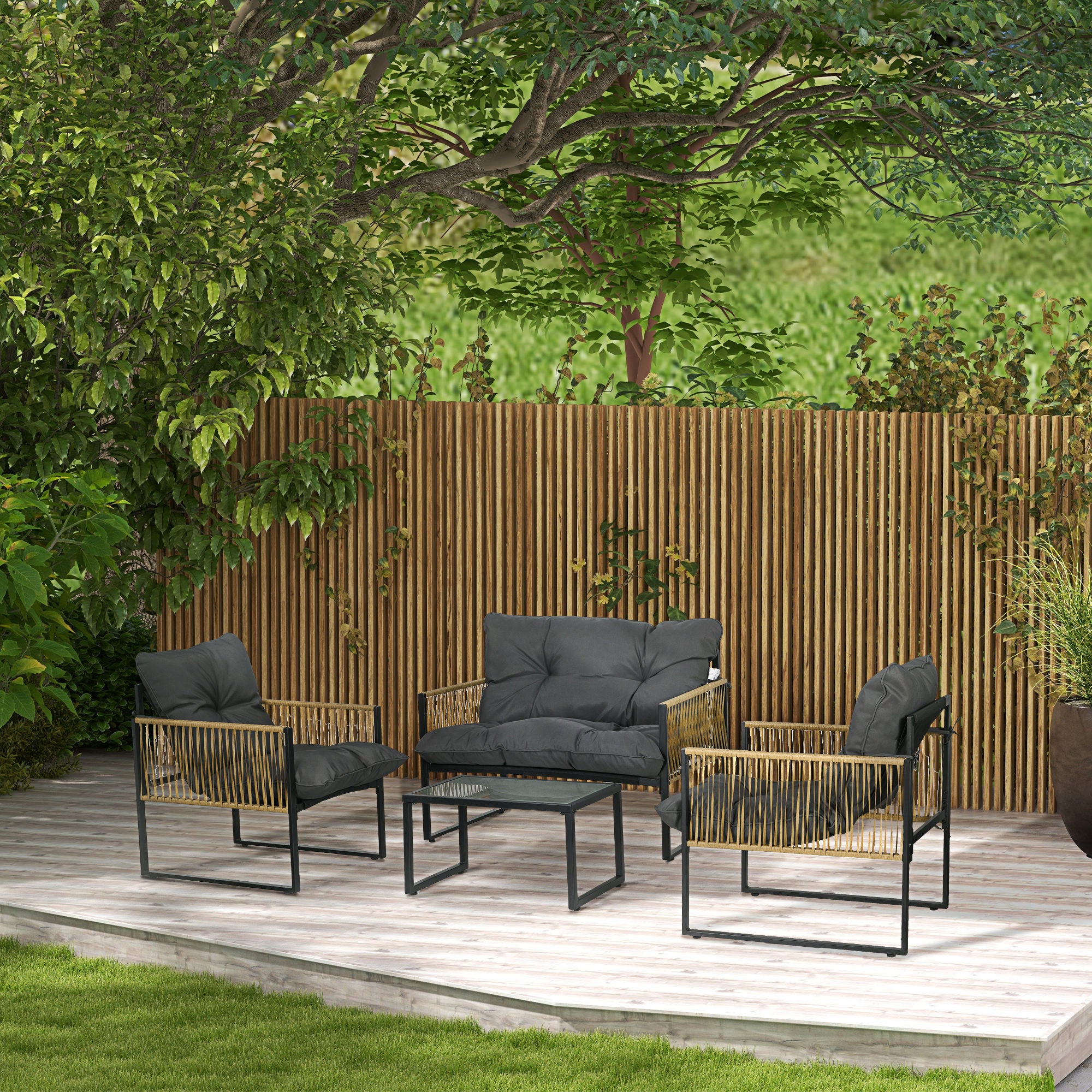 Solarias Ensemble salon de jardin 4 pièces canapé 2 places 2 fauteuils et 1 table basse plateau verre trempé 3 coussins - gr