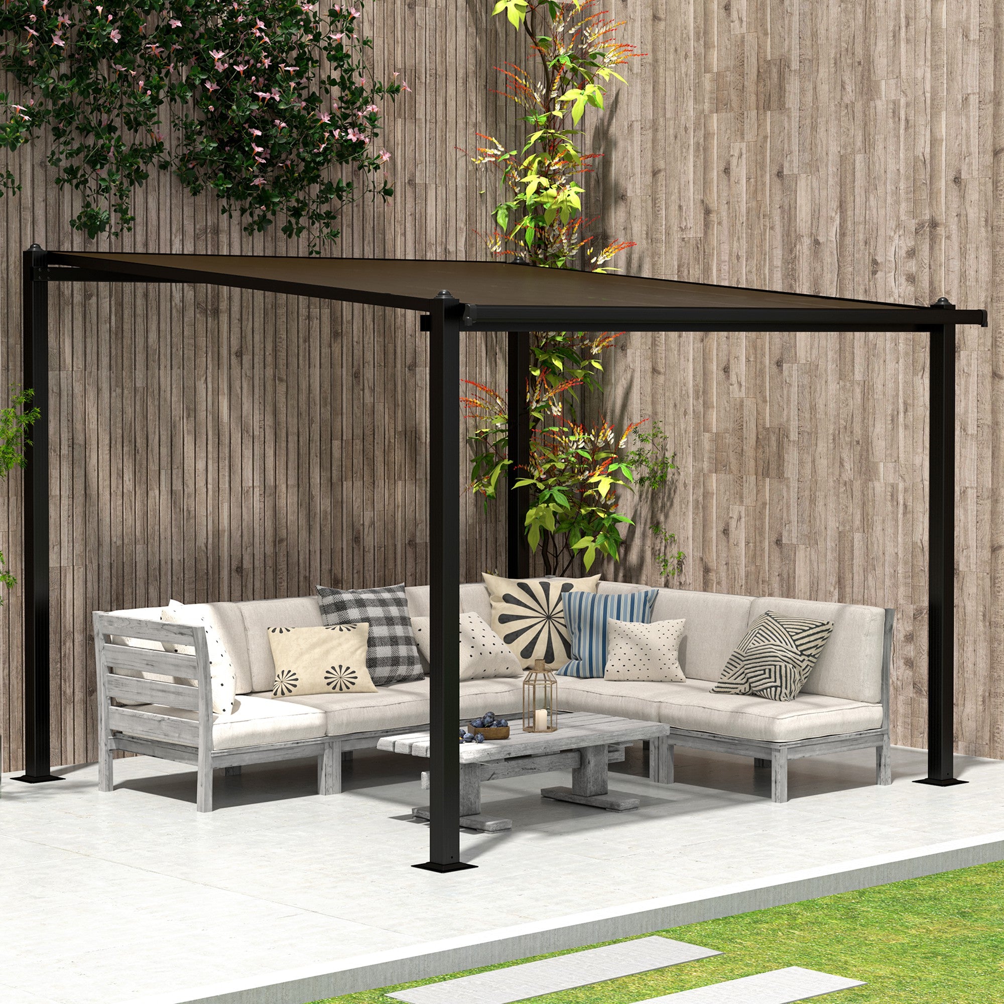 Solarias Pergola jardin extérieur en aluminium 3 x 3 m avec toit en polycarbonate imperméable et système de drainage, gris