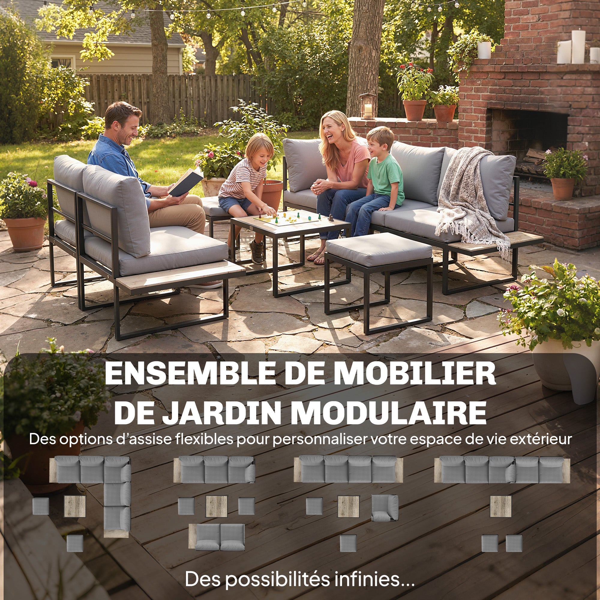 Solarias Salon de jardin extérieur 6 personnes modulable table basse et plateaux latéraux en bois PSPC coussins épais 10cm g
