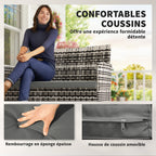 Solarias Canapé de jardin 2 places en résine tressée avec coussins canapé d'extérieur avec accoudoirs 115 x 63 x 85 cm gris 