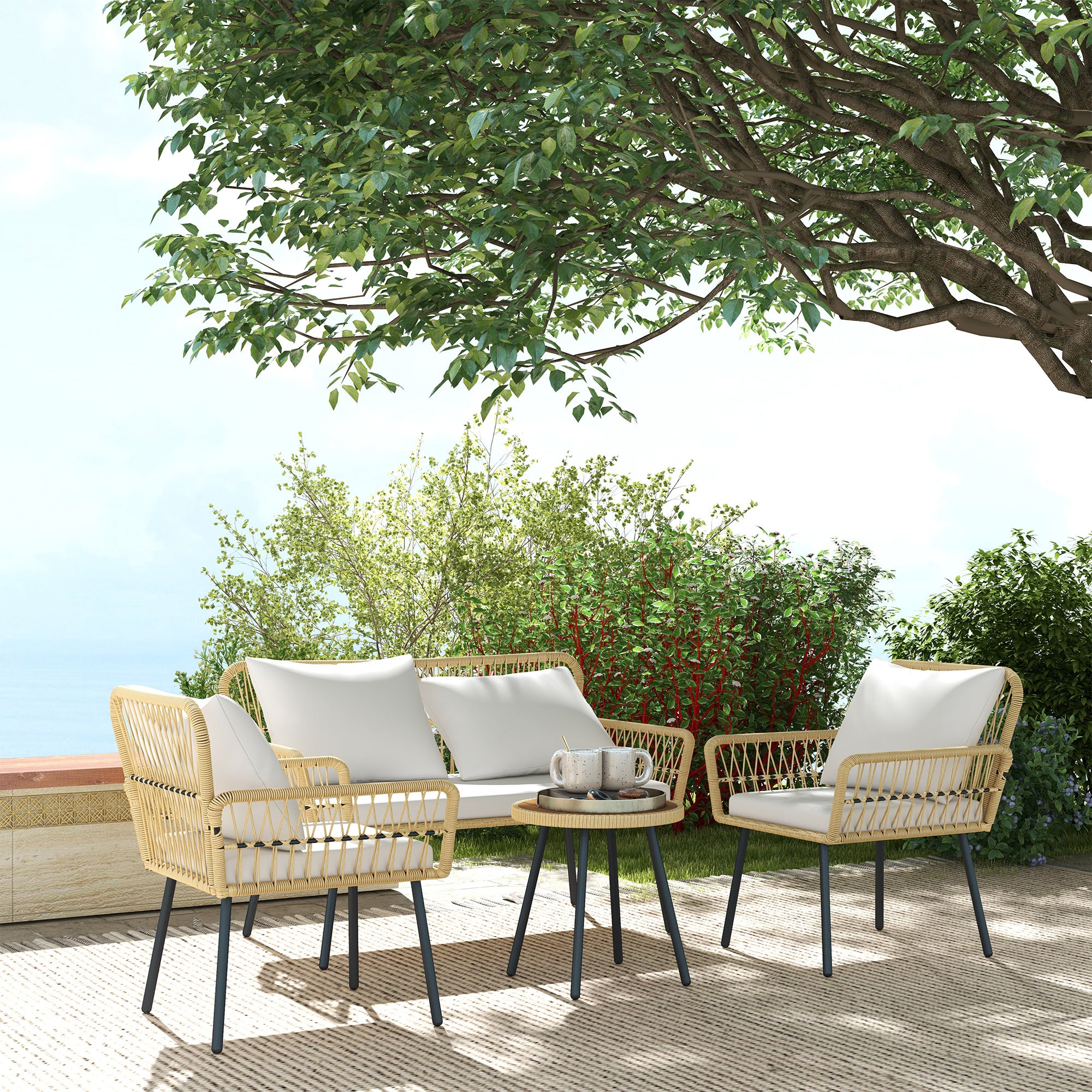 Solarias Ensemble salon de jardin 4 pièces canapé 2 places 2 fauteuils avec 7 coussins 1 table basse ronde, résine tressée