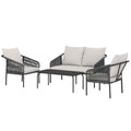 Solarias Ensemble de jardin 4 pièces Polyrattan salon avec canapé 2 places 2 fauteuils table basse coussins amovibles sangle