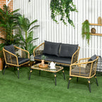 Solarias Ensemble salon de jardin 4 pièces canapé 2 places 2 fauteuils 1 table basse 7 coussins métal et résine imitation ro