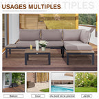 Solarias Ensemble Salon de Jardin d'angle Design Contemporain 5 Places Coussins Marron Table Basse alu. Noir et Imitation Bo