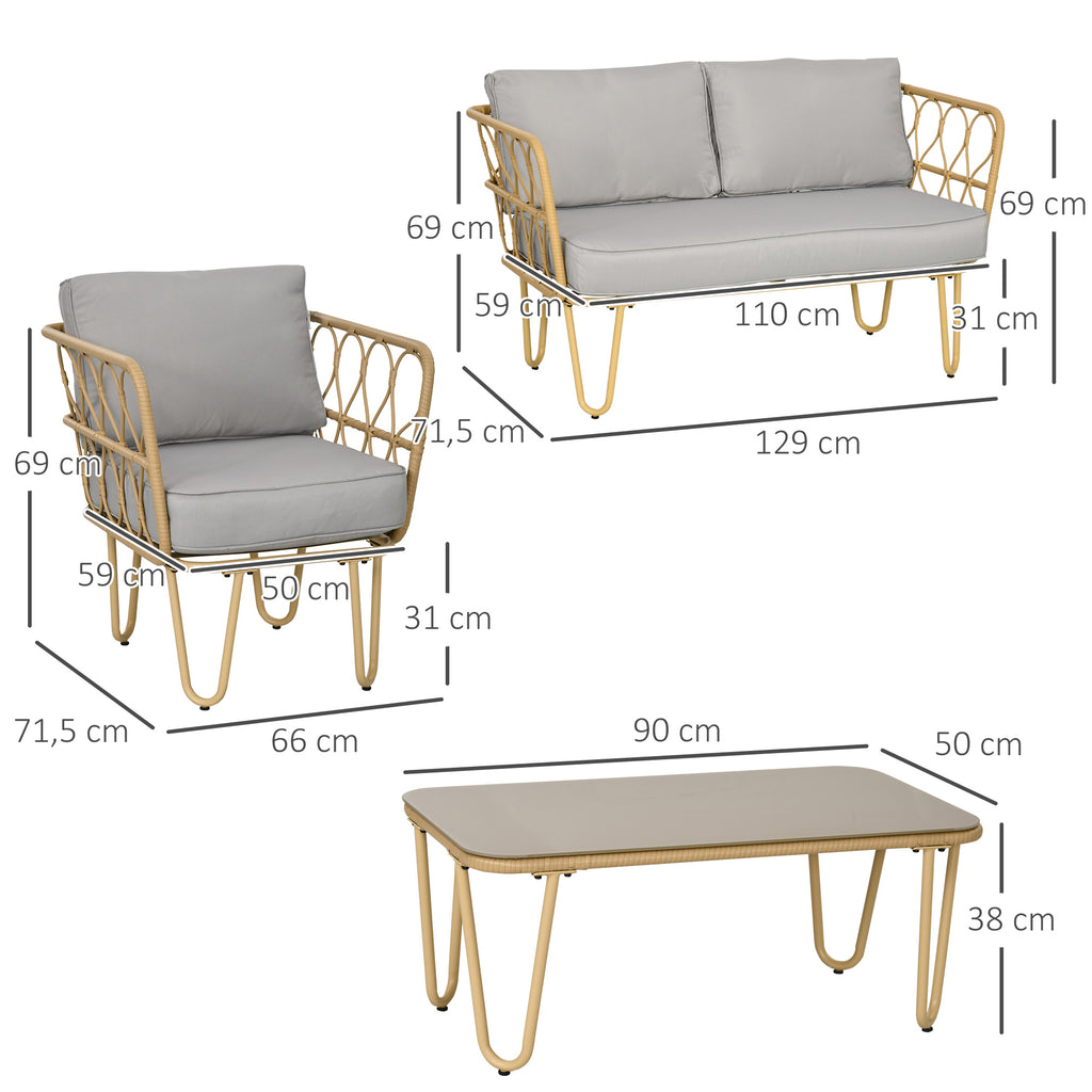 Solarias Ensemble salon de jardin canapé 2 places + 2 fauteuils + 1 table basse plateau verre trempé 7 coussins gris