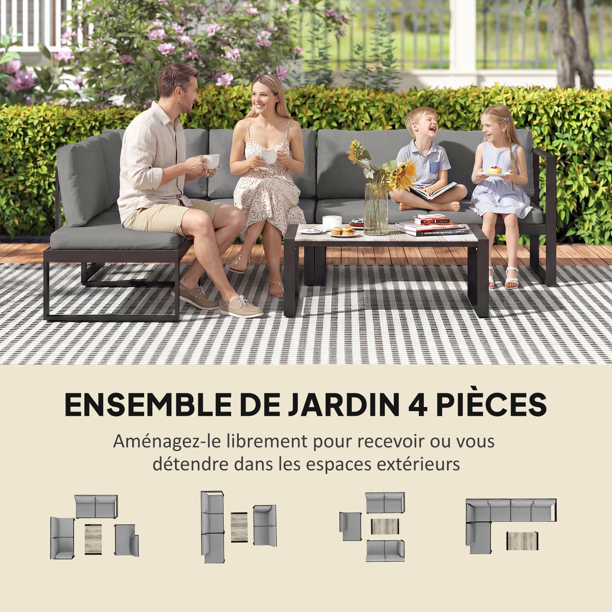 Solarias Salon de Jardin Extérieur d'Angle 5 Personnes avec 2 Canapés, Chaise Sans Accoudoirs, Table Basse, Gris Foncé