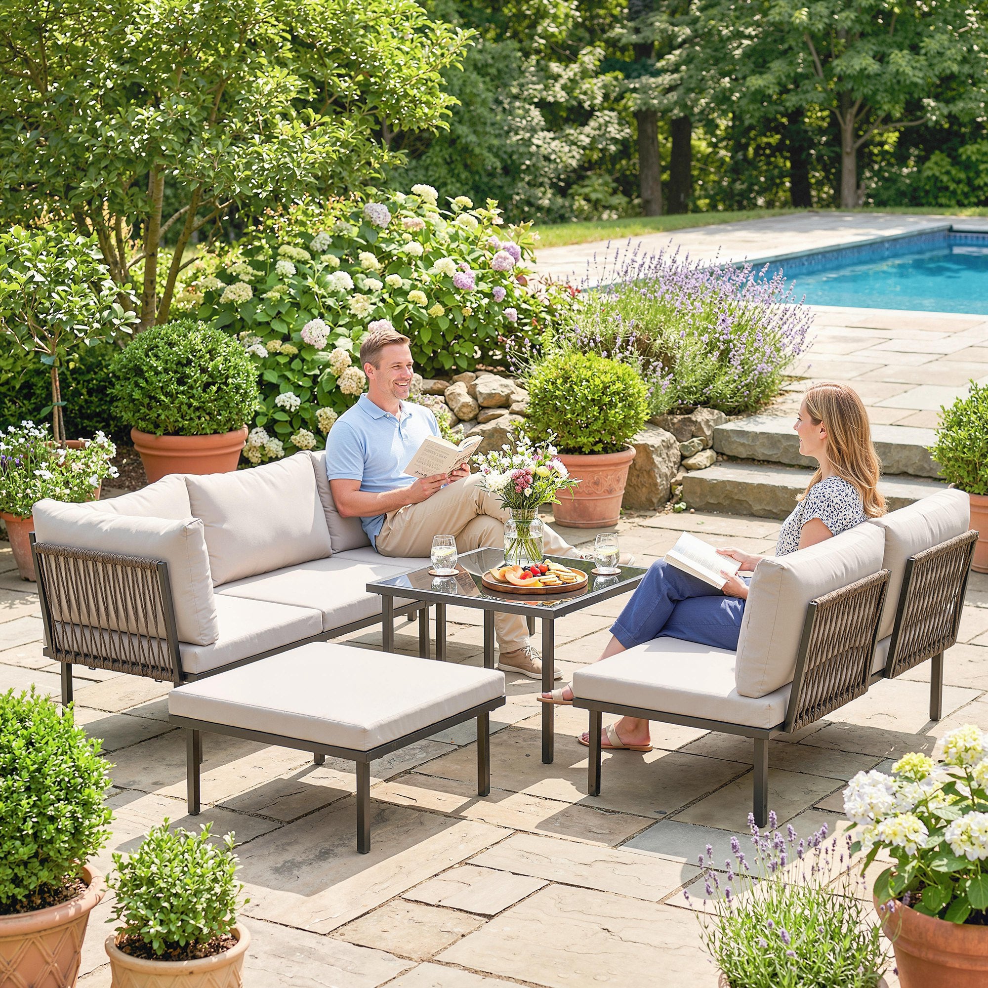 Solarias Salon de jardin extérieur d'angle modulable 6 personnes, table basse avec plateau en verre trempé, gris clair