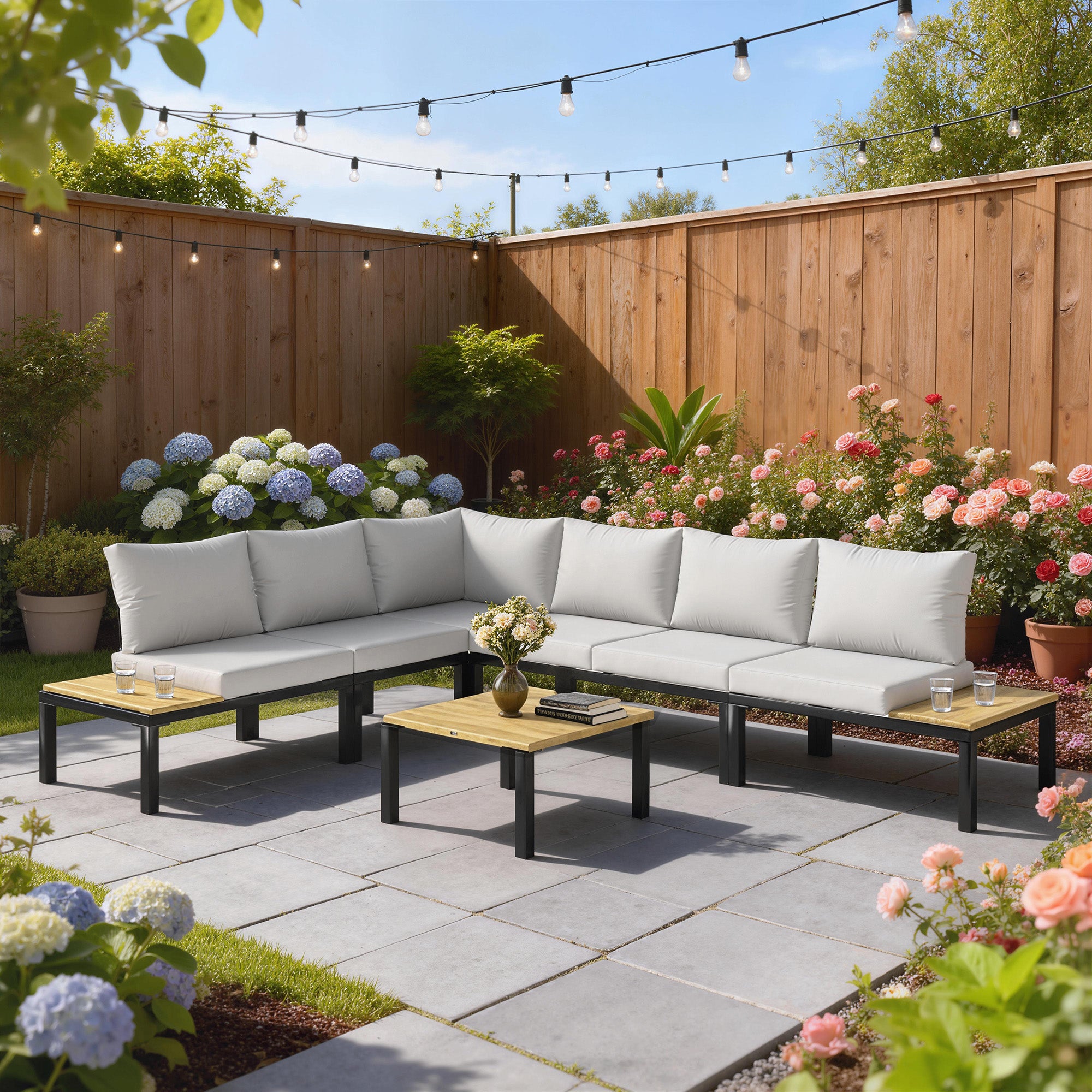 Solarias Salon de Jardin Modulaire 6 Pièces Ensemble Canapé Extérieur Transformable en Lit Table Basse et Plateaux Latéraux 
