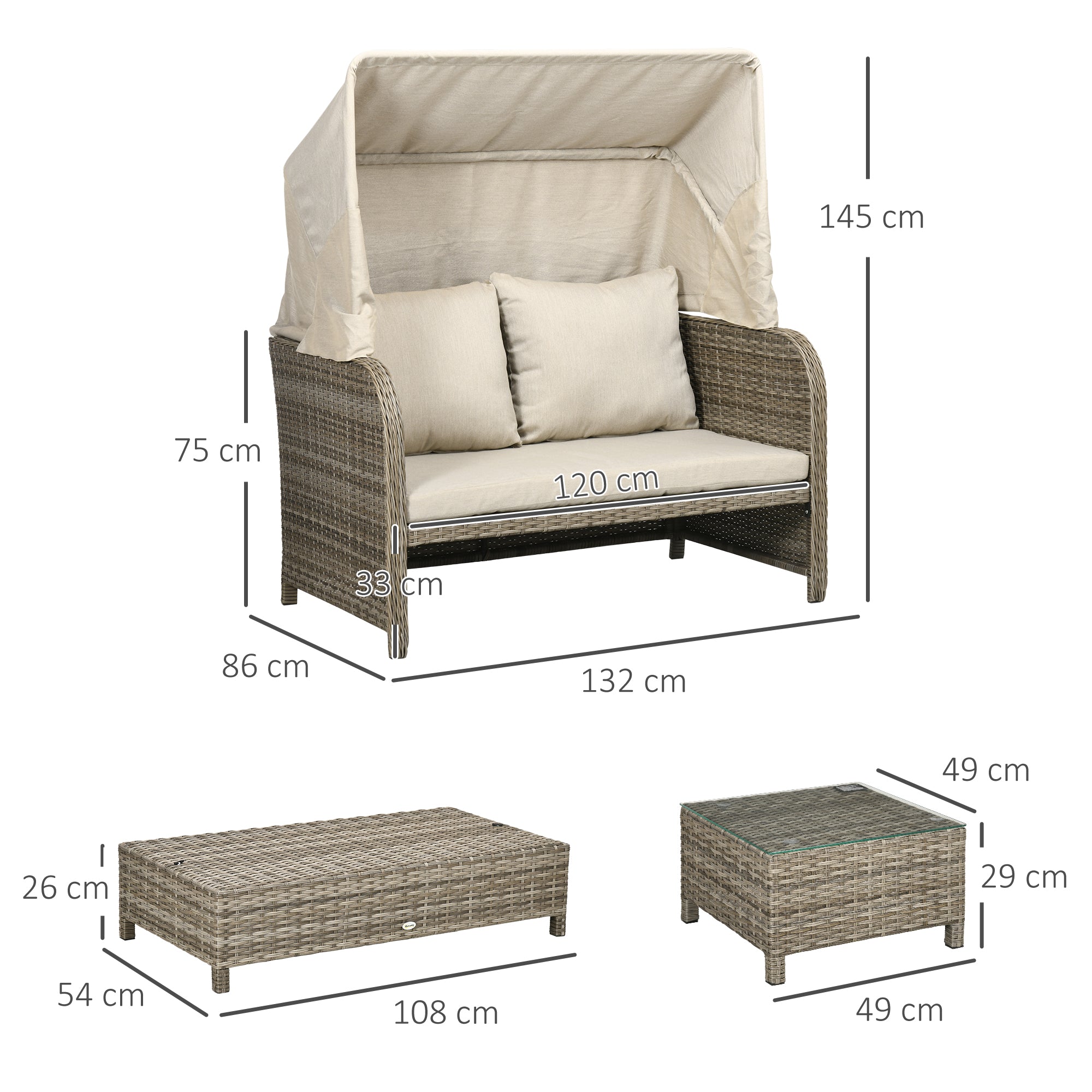 Solarias Ensemble salon de jardin 4 pièces canapé 2 places + 1 repose-pieds + 2 table basse avec coussins beige marron