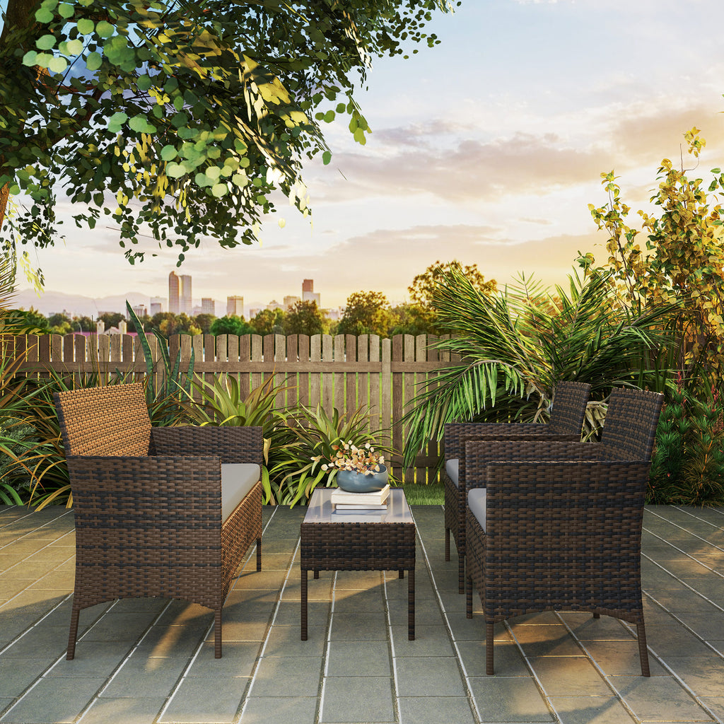 Solarias Ensemble de meubles de jardin en rotin synthétique avec canapé, fauteuils et table en verre trempé et coussins marr