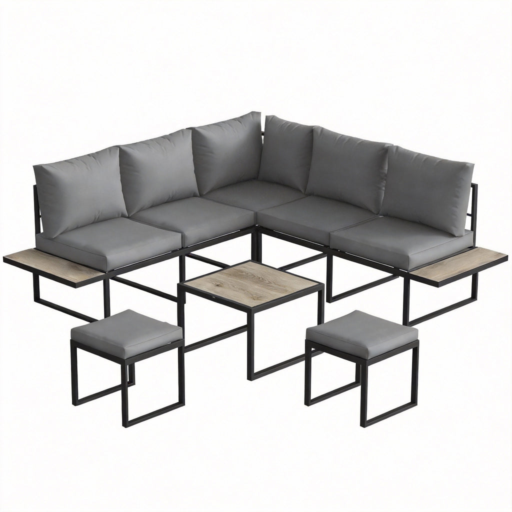 Solarias Salon de jardin extérieur 6 personnes modulable table basse et plateaux latéraux en bois PSPC coussins épais 10cm g