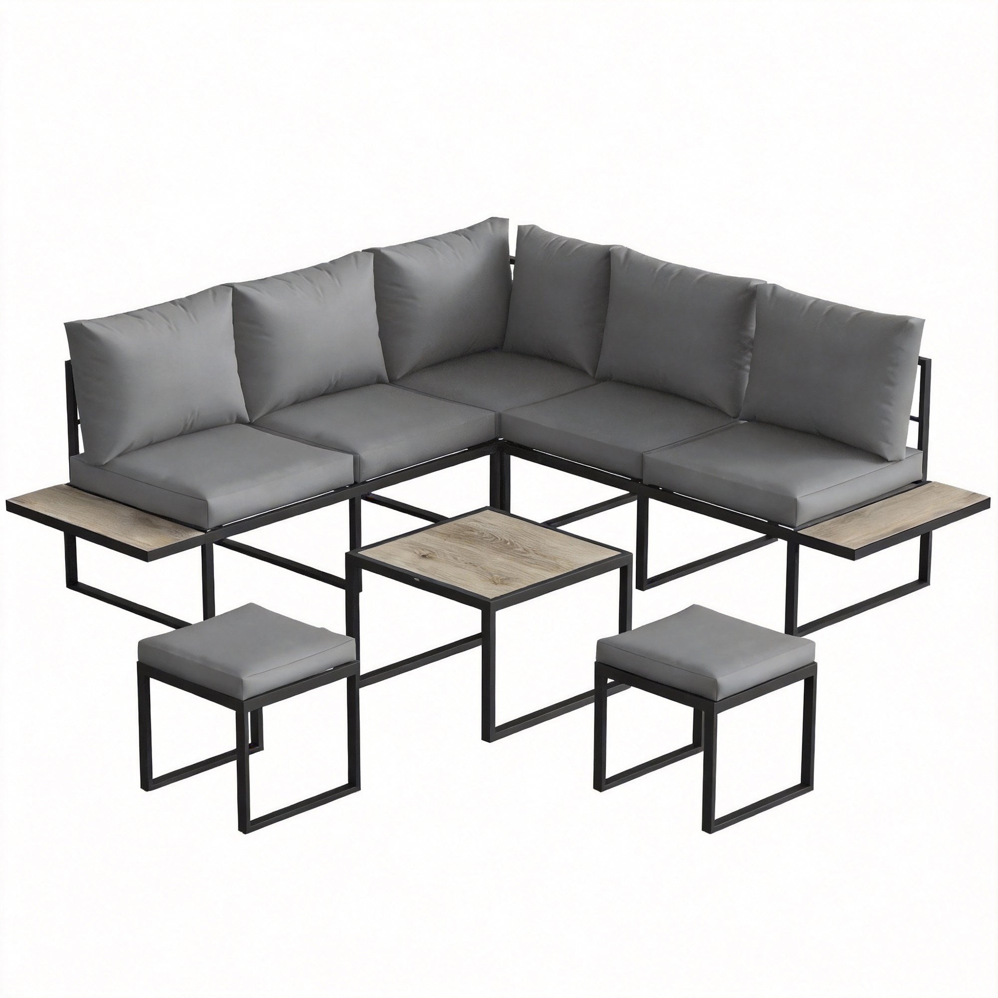 Solarias Salon de jardin extérieur 6 personnes modulable table basse et plateaux latéraux en bois PSPC coussins épais 10cm g