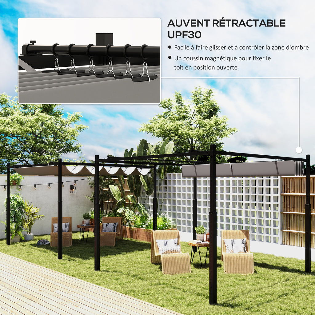 Solarias Pergola de jardin exterieur 3 x 3 m avec toit rétractable et fixation magnétique, abri soleil UPF30+, gris