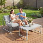 Solarias Salon de Jardin Extérieur 2 Pièces, Canapé avec Coussins, Table Basse en Verre Trempé Marbré 3D, 125x80x64cm, Gris 