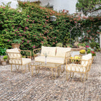 Solarias Ensemble salon de jardin canapé 2 places + 2 fauteuils + 1 table basse plateau verre trempé 7 coussins écru