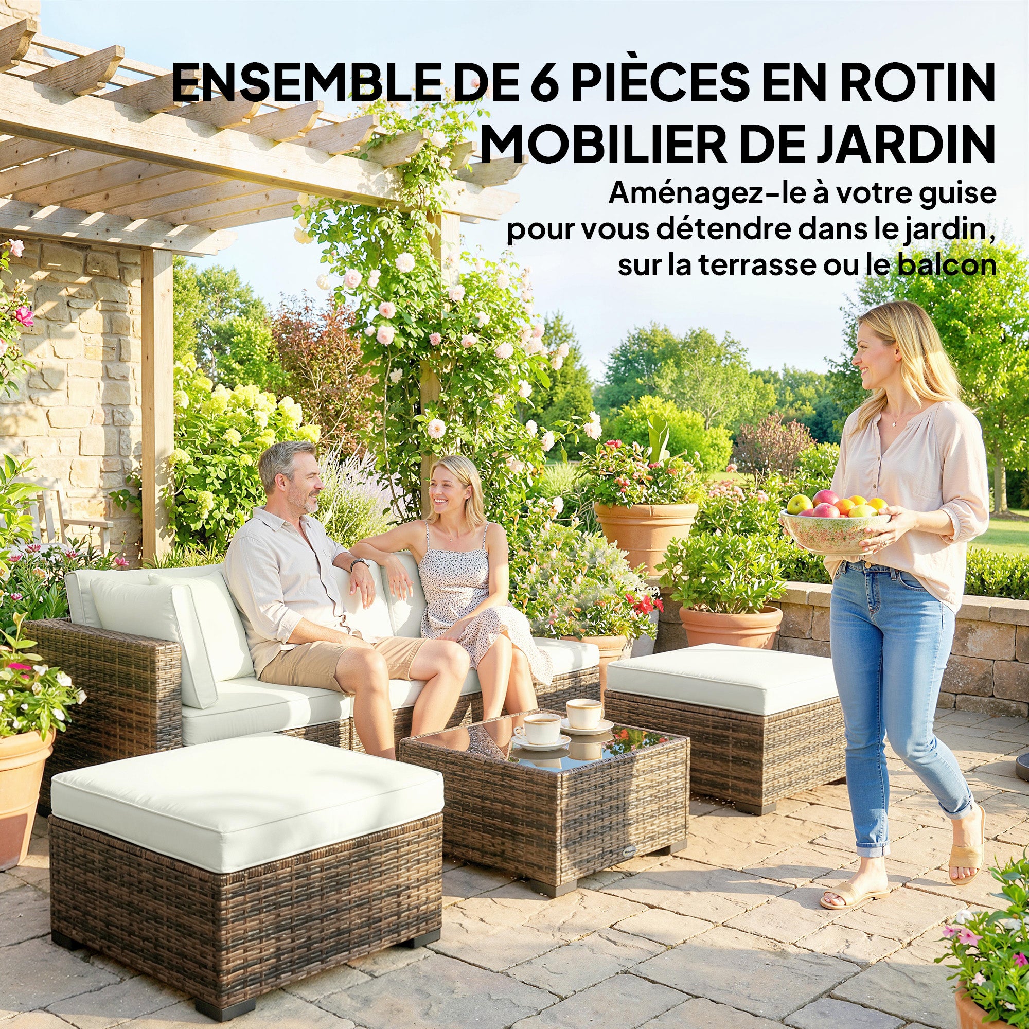 Solarias Salon de jardin extérieur d'angle 5 places en résine tressée, canapés, repose-pieds, table basse et coussins, crème