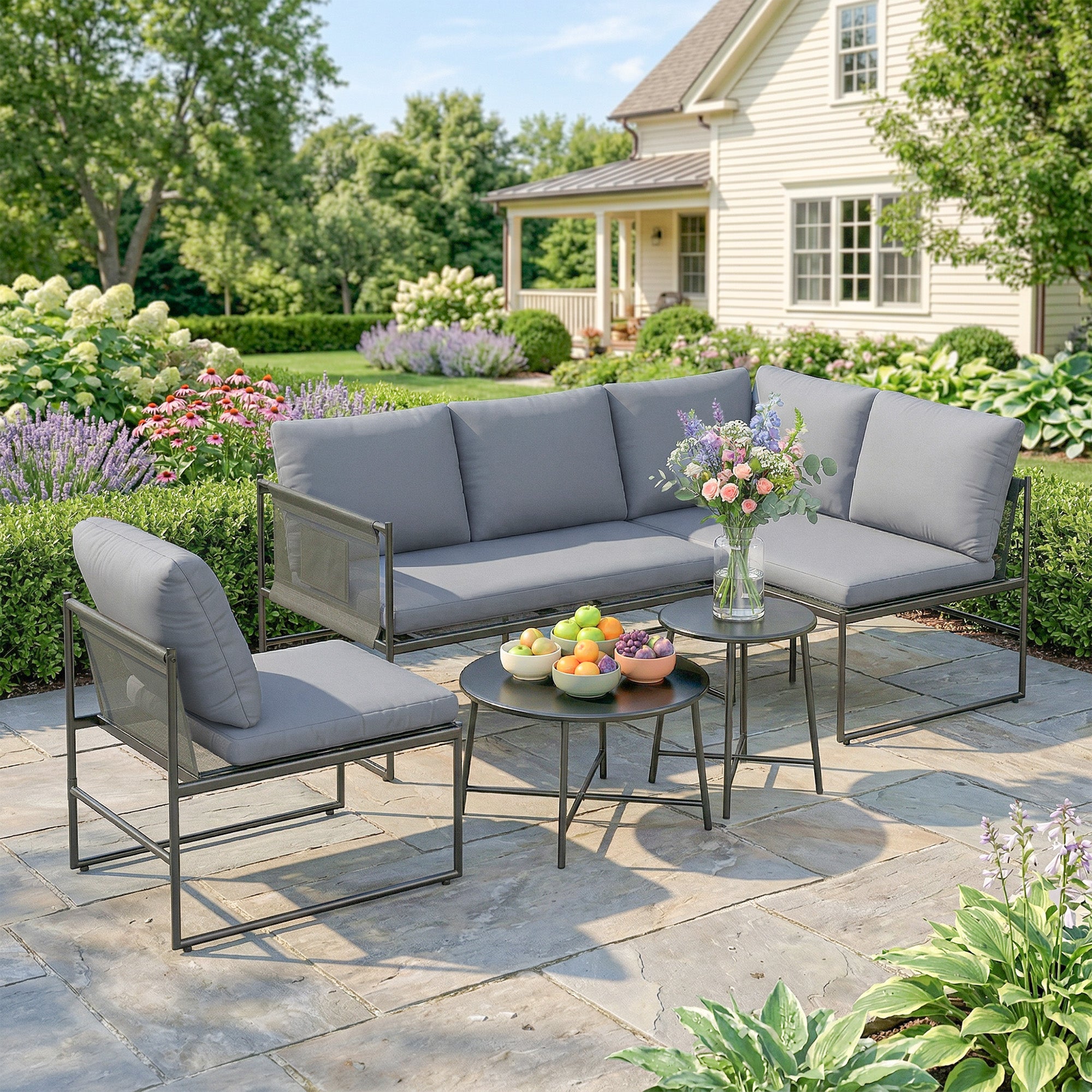 Solarias Salon de Jardin Extérieur 5 Pièces, 2 Canapés, 2 Tables, 1 Chaise, Pochette de Rangement, 182x167x65cm, Gris Foncé