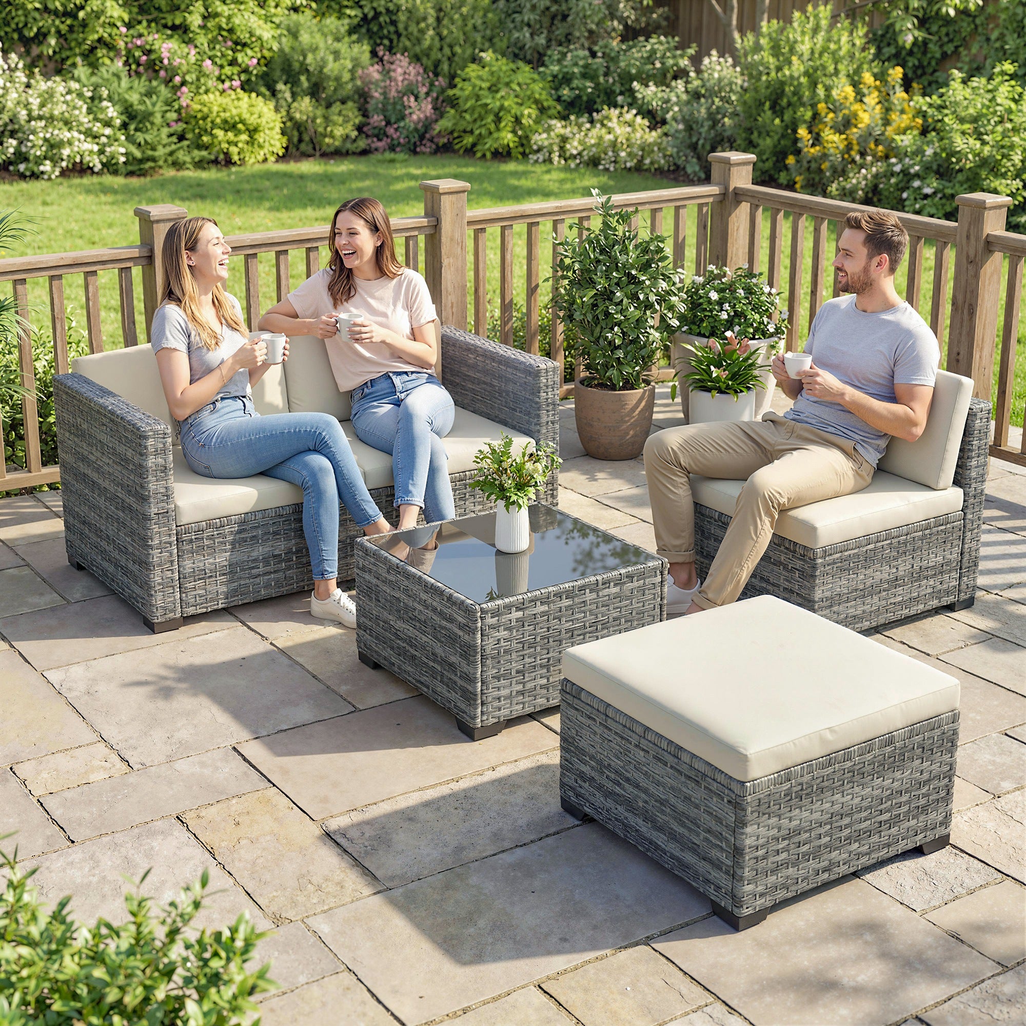 Solarias Ensemble de jardin Polyrattan 5 pièces, set lounge avec canapé d'angle, pouf, table, coussins d'assise et de dossie